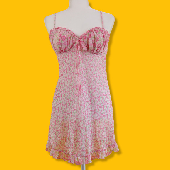 Sheer Pink Floral Camisole with Ruffles and Padded Cups, L - Picture 1 of 7